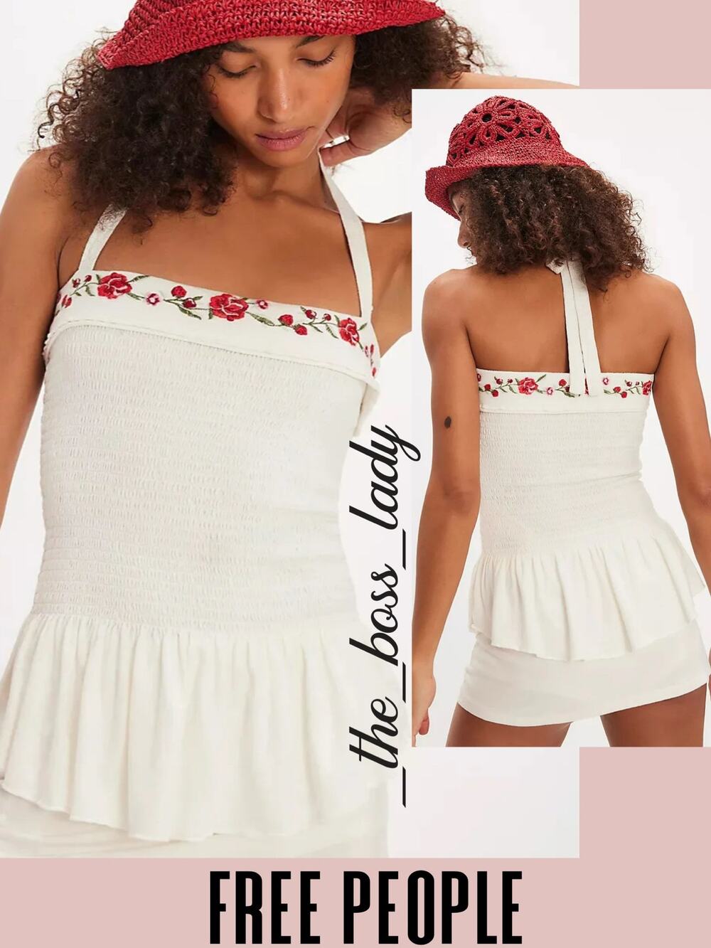Free People top floral embroidery halter smocking cotton ruffled Small